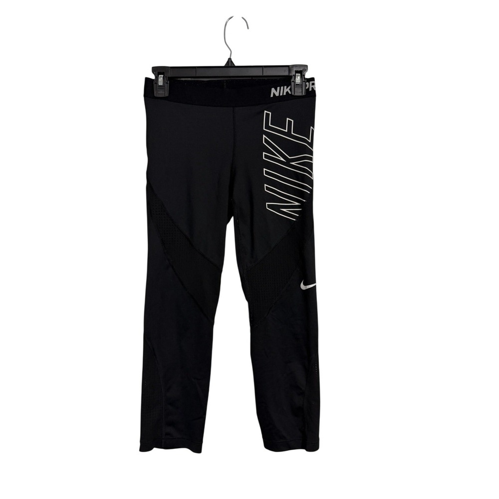 Nike Pro Women Black Mesh Panel Capri Leggings Graphic Logo Mid Rise B44